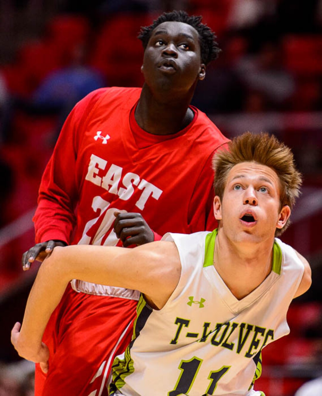 (Trent Nelson | The Salt Lake Tribune)  East vs. Timpanogos, 5A State high school basketball tournament at the Huntsman Center in Salt Lake City, Wednesday Feb. 28, 2018. East's Jeremy Jiba (20) and Timpanogos's Jacob Maddox (11).