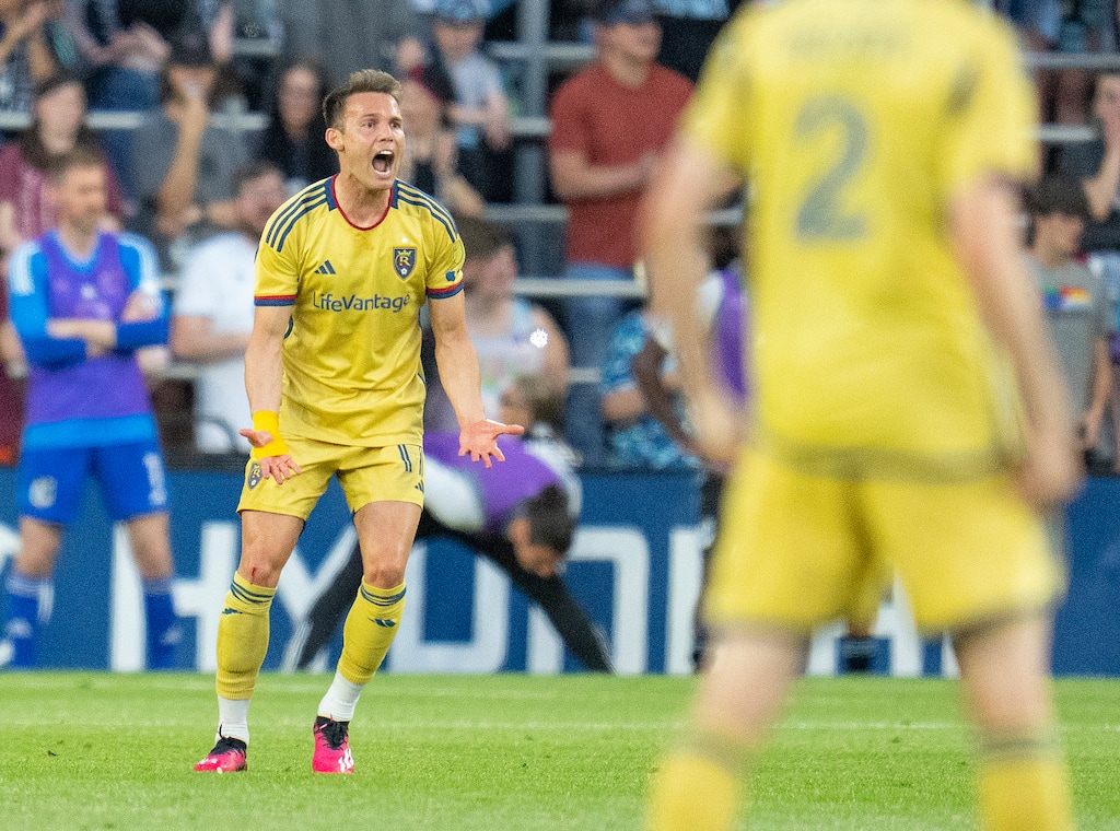 Real Salt Lake forward Danny Musovski (17) yells at an official after not receiving a foul call against Minnesota United in the first half of an MLS soccer match, Saturday, May 27, 2023, at Allianz Field in St. Paul, Minn. (Alex Kormann/Star Tribune via AP)