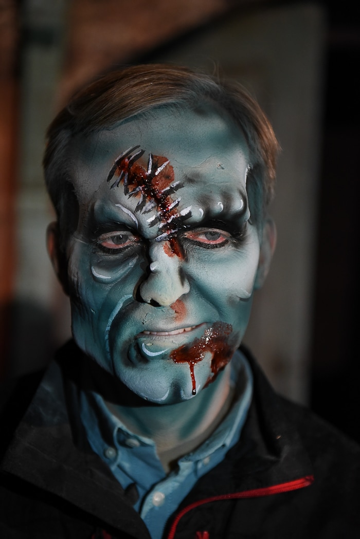 (Francisco Kjolseth  |  The Salt Lake Tribune)  Salt Lake County Mayor Ben McAdams is transformed by makeup artist Stephanie Withers as local politicians fall prey to the zombie apocalypse at the Fear Factory on Thursday, Oct. 12, 2017, for a special event to raise awareness of the Utah Food Bank and kick start donations.