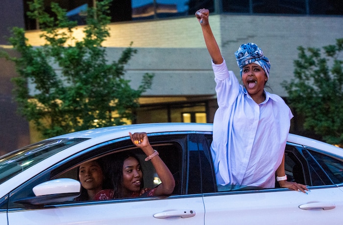 (Rick Egan  |  The Salt Lake Tribune)     Protesters follow the matchers in their cars as they chant slogans from their cars on State Street, Monday, June 1, 2020.