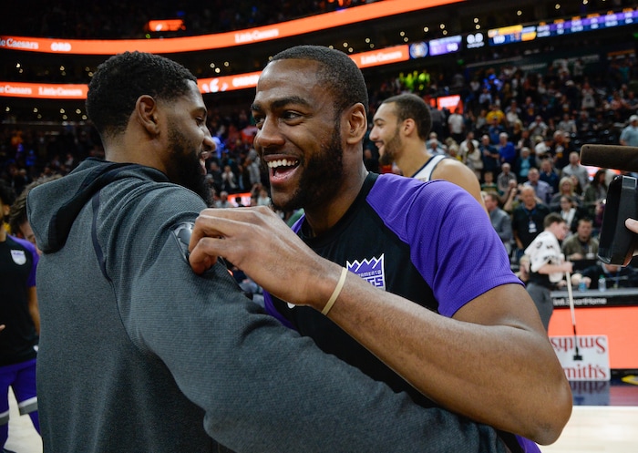 (Francisco Kjolseth  |  The Salt Lake Tribune)  Utah Jazz forward Royce O'Neale (23) embraces former teammate Sacramento Kings guard Alec Burks (13) following Utah's win over the Sacramento Kings in their NBA game at Vivint Smart Home Arena Friday, April 5, 2019, in Salt Lake City.
