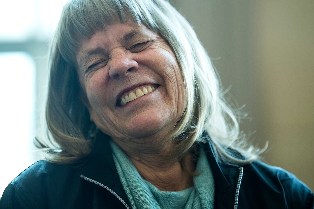 (Chris Detrick  |  The Salt Lake Tribune)  Jean Schaefer laughs while recalling good memories about her son Steven Holcomb during an interview at the Pyeongchang 2018 Winter Olympics Monday, Feb. 19, 2018. 