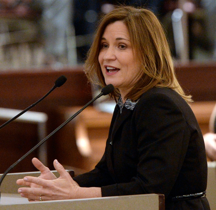 Al Hartmann  |  The Salt Lake TribuneIncoming Salt Lake County Council member, Jenny Wilson speaks to gathered at the Salt Lake County Council chamber Monday January 5 after being administered the oath of office. 