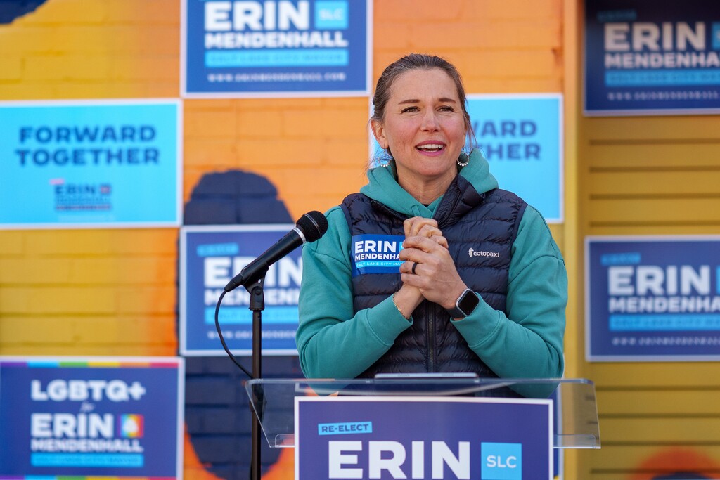 (Trent Nelson  |  The Salt Lake Tribune) Mayor Erin Mendenhall kicks off her re-election campaign at The Neighborhood Hive in Salt Lake City on Saturday, April 15, 2023.