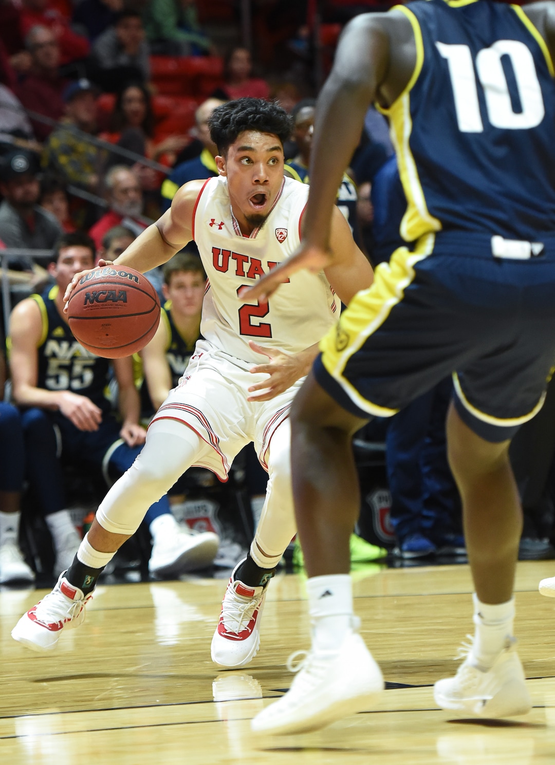 (Francisco Kjolseth  |  The Salt Lake Tribune) Utah Utes guard Sedrick Barefield (2) maneuvers oround Northern Arizona in Men's Basketball at the Jon M Huntsman Center in Salt Lake City, Utah, on Friday, Dec. 21, 2018.