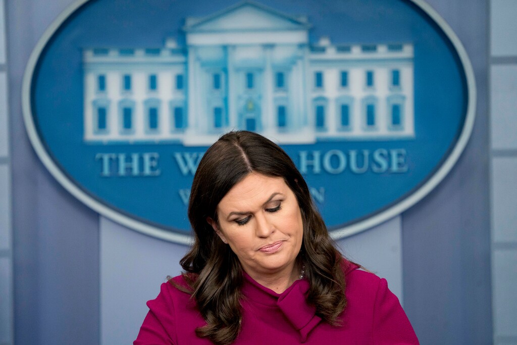 White House press secretary Sarah Huckabee Sanders pauses while speaking to the media during the daily press briefing at the White House, Monday, Jan. 29, 2018, in Washington. Sanders discussed immigration, President Donald Trump's upcoming State of the Union Address to Congress and other topics. (AP Photo/Andrew Harnik)