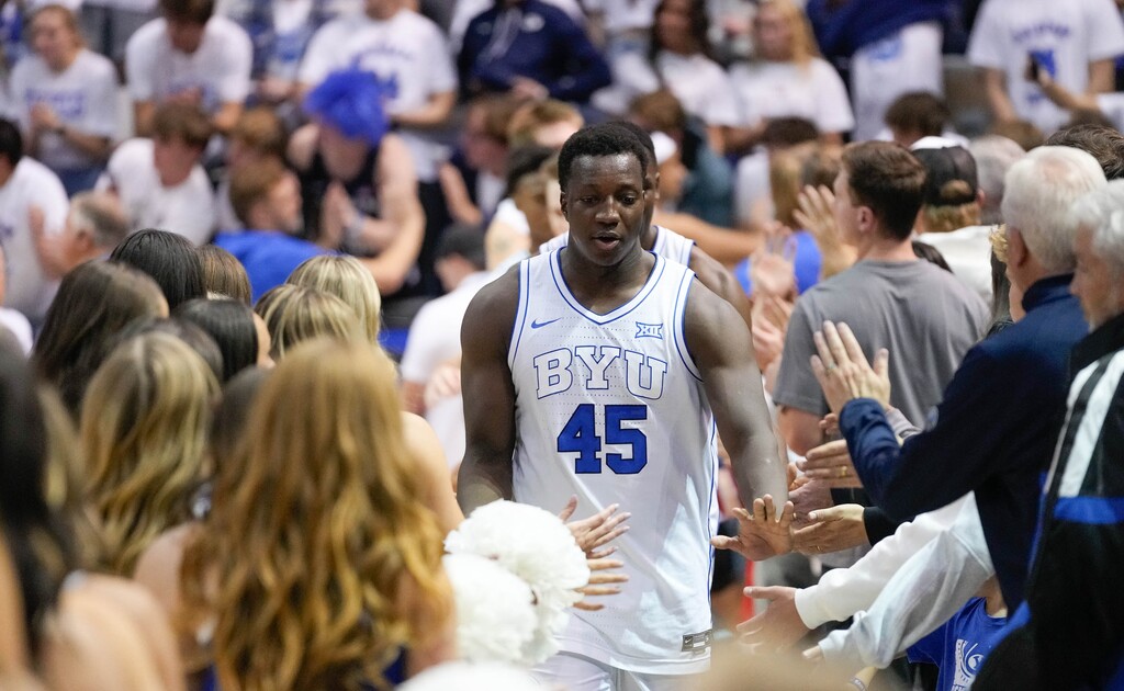 (Francisco Kjolseth  |  The Salt Lake Tribune) Brigham Young Cougars forward Fousseyni Traore (45) celebrates a win over San Diego State 74-65, NCAA basketball in Provo on Friday, Nov. 10, 2023.