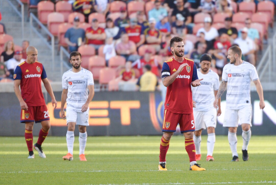 (Leah Hogsten  |  The Salt Lake Tribune) Real Salt Lake midfielder Kyle Beckerman (5) tries to rally the team after Los Angeles FC scored in the first half as Real Salt Lake hosts Los Angeles Football Club in the fourth round of the Lamar Hunt U.S. Open Cup, June 11, 2019 at Rio Tinto Stadium in Sandy.