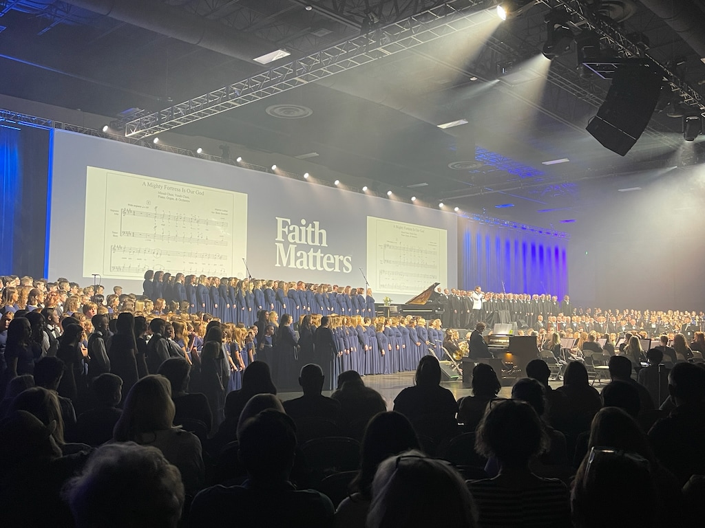 (Faith Matters)
The Millennial Choirs and Orchestras perform at the "Restore" gathering at Sandy's Mountain America Expo Center in October 2023. The 2024 conference is Sept. 5 through 7.