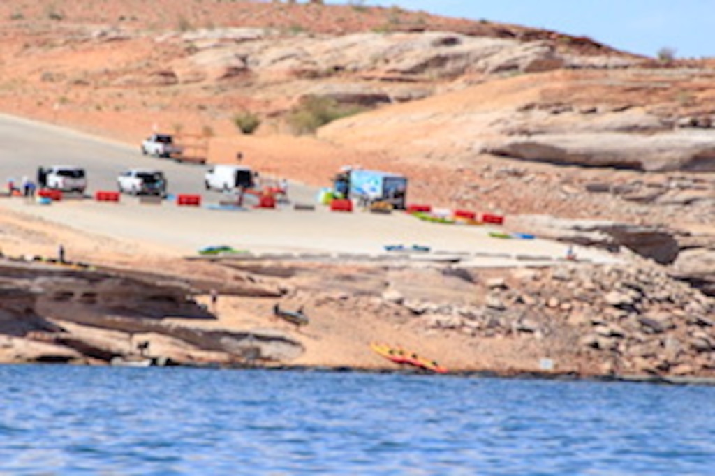 (National Park Service) Kayakers launching and retrieving from Antelope Point public launch ramp on Lake Powell near Page, Ariz., in June 2021.