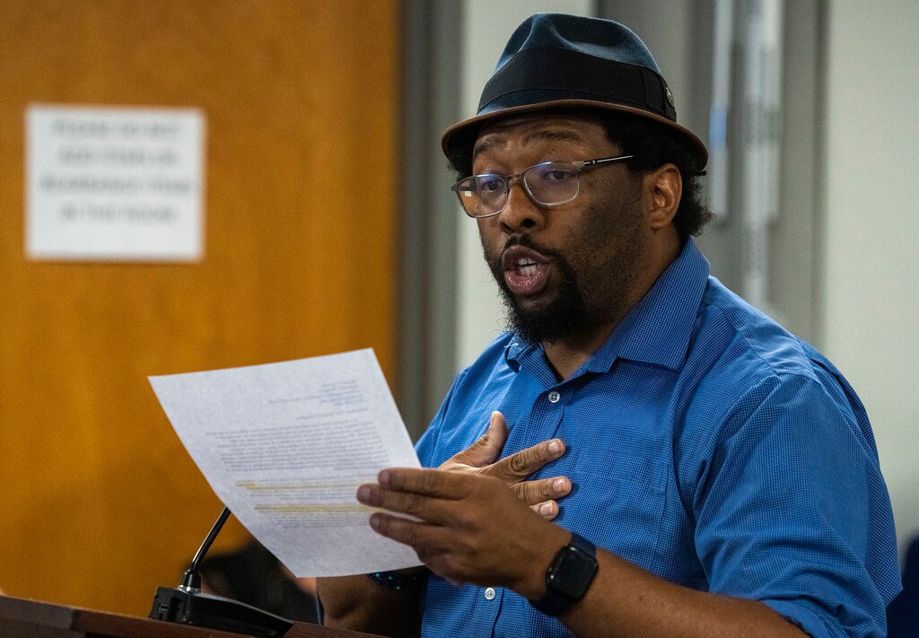 (Rick Egan | The Salt Lake Tribune)  Teacher Jayrod P. Garrett, Bountiful, makes a few comments during a public hearing on the Utah State Board's recent rules for teaching about racism in the K-12 classroom at the State Board of Education in Salt Lake City, on 
Thursday, July 22, 2021.