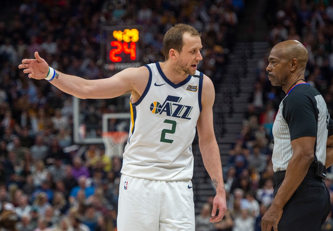 (Rick Egan  |  The Salt Lake Tribune)     Utah Jazz guard Joe Ingles (2) talks to the official about a call, in NBA action between the Utah Jazz and the Washington Wizards, in Salt Lake City, Friday, February 28, 2020