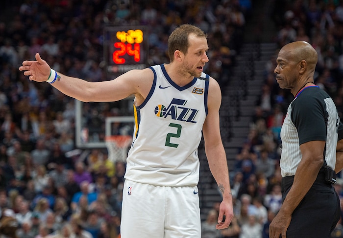 (Rick Egan  |  The Salt Lake Tribune)     Utah Jazz guard Joe Ingles (2) talks to the official about a call, in NBA action between the Utah Jazz and the Washington Wizards, in Salt Lake City, Friday, February 28, 2020