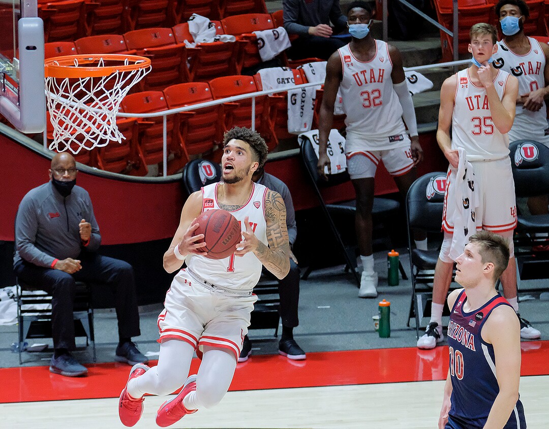 (Leah Hogsten | The Salt Lake Tribune) Utah Utes forward Timmy Allen (1) had 18 points and 9 rebounds against the Arizona Wildcats, Feb. 4, 2021 at the Jon M. Huntsman Arena.