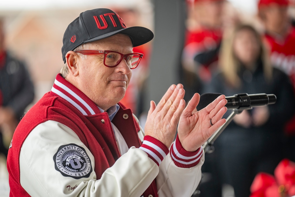 (Rick Egan | The Salt Lake Tribune) University of Utah President Taylor Randall speaks at the grand opening of Charlie Monfort Field at America First Ballpark at the University of Utah on Wednesday, Jan. 28, 2026.