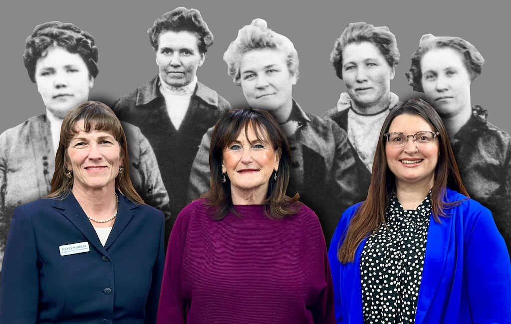 (Photo illustration by Christopher Cherrington | The Salt Lake Tribune) The Kane County Commission (front, from left: Patty Kubeja, Gwen Brown, and Celeste Meyeres), is believed to be the first all-female county commission in Utah's history. They follow in the footsteps of the the all-women 1912 Kanab town council, (back, from left: Luella McAllister, Blanche Hamblin, Mary W. Chamberlain, Tamar Hamblin, and Ada Seegmiller).