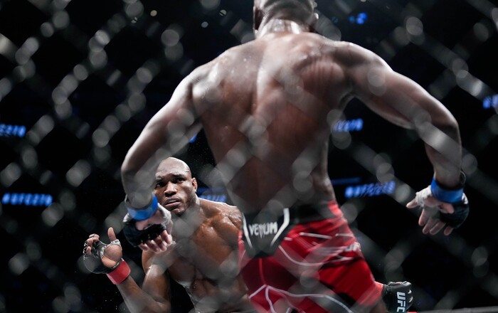 (Francisco Kjolseth | The Salt Lake Tribune) Nigerian UFC fighter Kamaru Usman, left, fights with UFC fighter Leon Edwards, of Jamaica, during the welterweight UFC 278 mixed martial arts title bout in Salt Lake City on Saturday, Aug. 20, 2022, before being knocked out by Edwards.