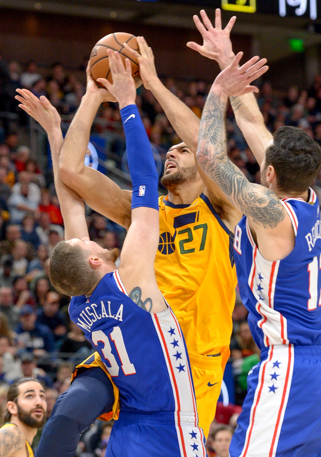 Leah Hogsten  |  The Salt Lake Tribune  Utah Jazz center Rudy Gobert (27) drives to the net in a sea of Philadelphia 76ers defense as the Utah Jazz host the Philadelphia 76ers at Vivint Smart Home Arena, Thursday, December 27, 2018. 