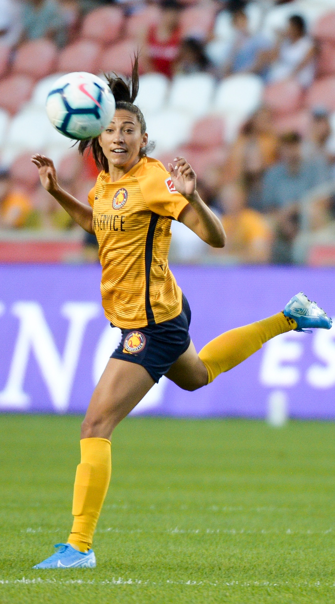 (Leah Hogsten  |  The Salt Lake Tribune) Utah Royals FC forward Christen Press (23) fields a header as the Utah Royals FC host Sky Blue FC, August 7, 2019 at Rio Tinto Stadium.