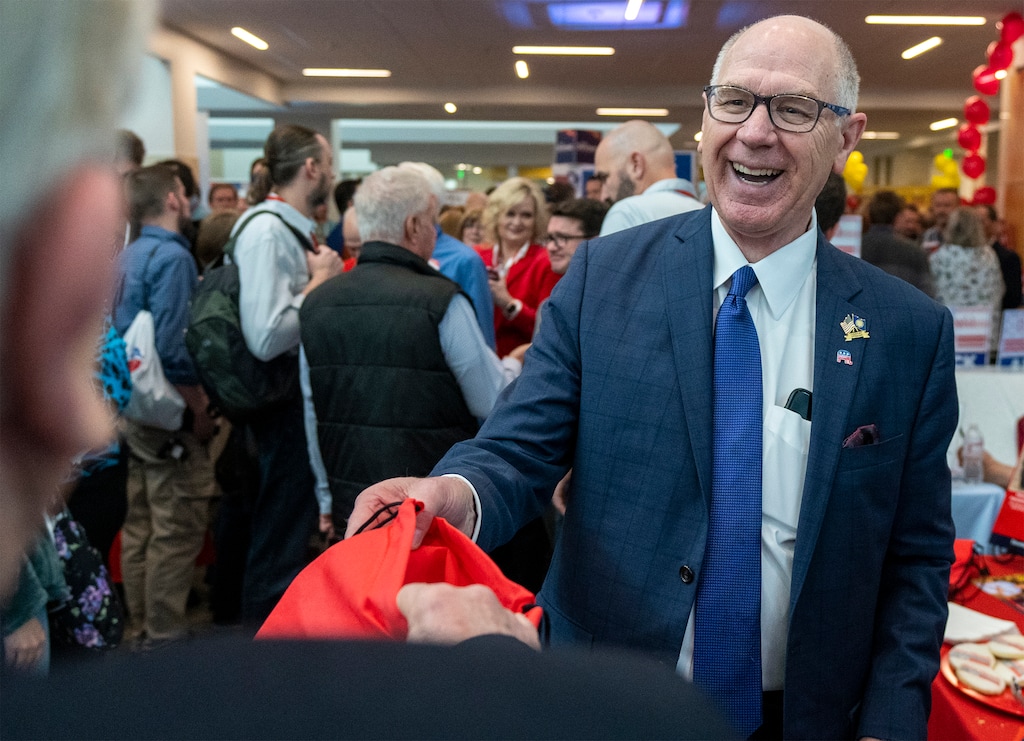(Rick Egan | The Salt Lake Tribune)  Steve Handy talks to delegates, at the Davis County Republican nominating convention at Farmington High School, on Saturday, March 26, 2022.