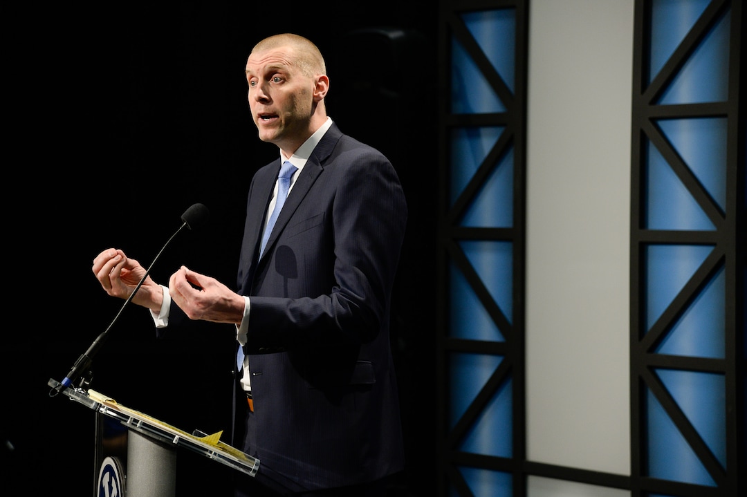 (Francisco Kjolseth  |  The Salt Lake Tribune)  BYU announces Mark Pope as its new head basketball coach during a press event at the BYU broadcasting building on Wed. April 10, 2019.