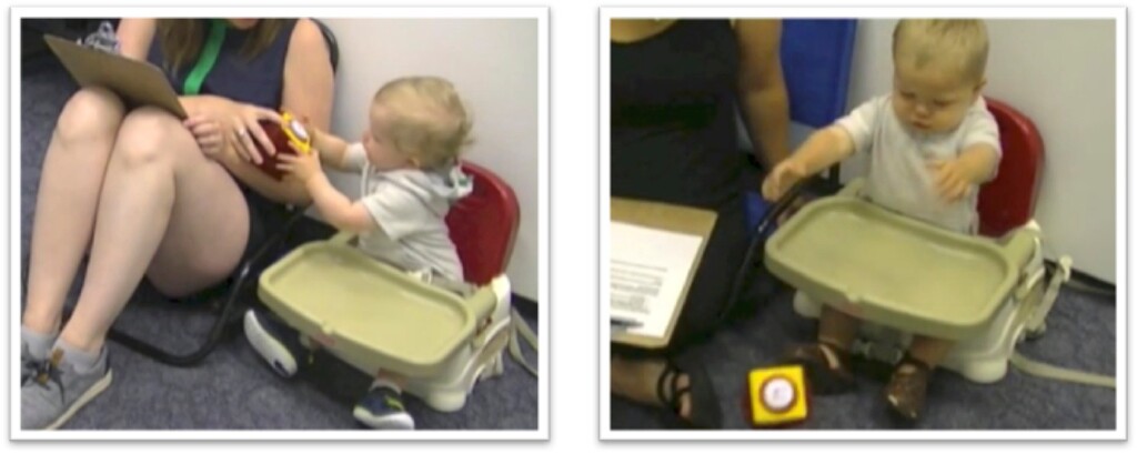 This combination of undated images taken from video provided by Julia Anne Leonard shows a "handoff" of a baby handing the toy to the parent, left, or throwing the toy to the ground during a study conducted by researchers. Children around 15 months old can become more persistent in pursuing a goal if they’ve just seen an adult succeed after struggling, a new study says. The results suggest “the potential value in letting children ‘see you sweat:’ Showing children that hard work might encourage them to work hard too,” researchers conclude in a report released Thursday, Sept. 21, 2017, by the journal Science. (Julia Anne Leonard via AP)