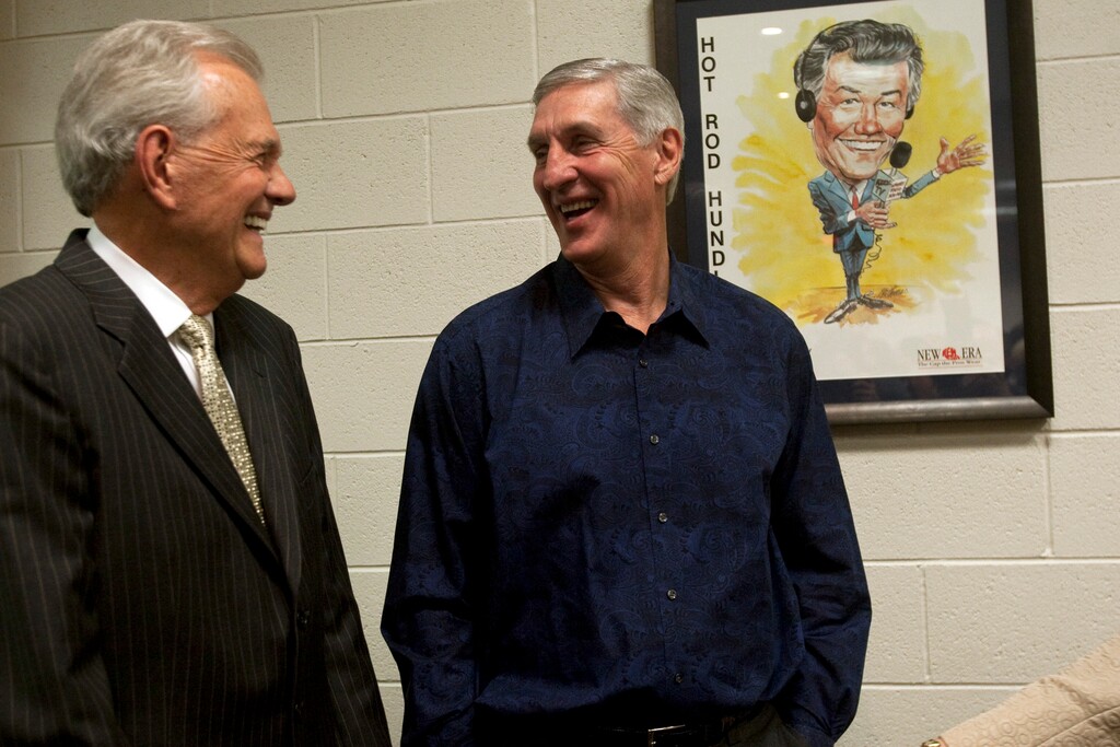 (Chris Detrick | The Salt Lake Tribune) Rod Hundley talks with Jerry Sloan inside of the newly dedicated "Hot Rod Hundley Media Center" at the EnergySolutions Arena Friday, January 29, 2010. Hundley worked for 35 years as the broadcast voice for the Utah Jazz.