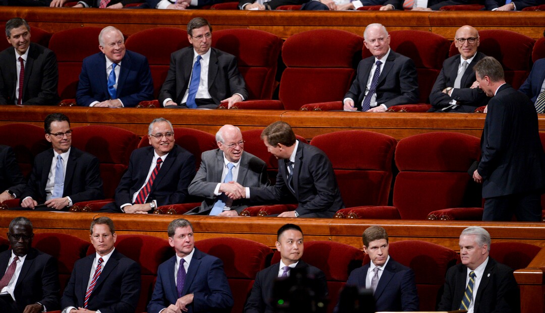 Leah Hogsten  |  The Salt Lake Tribune  Ten new general authority Seventies take their seats during 189th Annual General Conference of The Church of Jesus Christ of Latter-day Saints, April 6, 2019 in Salt Lake City.  