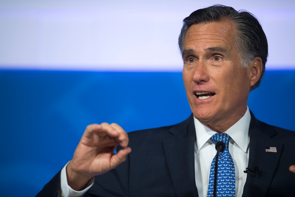 U.S. Senate Candidate Mitt Romney (R) answers a question about tariffs during the debate against Jenny Wilson (D) in the America First Event Center in Cedar City Tuesday, October 9, 2018. The event is the only televised debate for the candidates before the November 6 election.