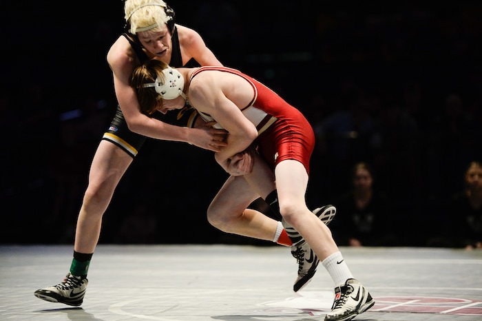 (Francisco Kjolseth  |  The Salt Lake Tribune)  Preston Blotter of Wasatch wrestles Parker Frasure of Viewmont in in their 5A wrestling championship final match at the Utah Valley University UCCU Center on Thursday, Feb. 8, 2018.