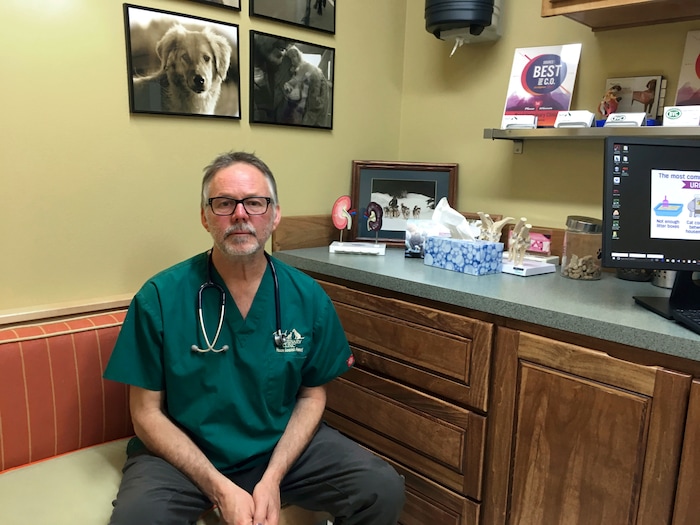 (David Zalubowski | The Associated Press) In this Sept. 29, 2017 photo, Dr. Byron Maas poses in the Bend Veterinary Clinic, which offers products with marijuana ingredients for ailing dogs, in Bend, Ore. People anxious to relieve suffering in their pets are increasingly turning to oils and powders that contain CBDs, a non-psychoactive component of marijuana, even though there's little evidence they actually work, or whether there might be harmful side effects.