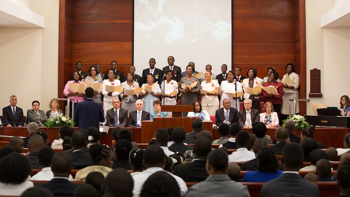 (Courtesy The Church of Jesus Christ of Latter-day Saints) Officials with The Church of Jesus Christ of Latter-day Saints broke ground on a temple in Port-au-Prince, Haiti, on Saturday.