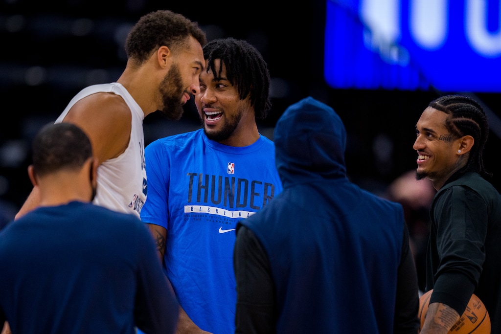 (Trent Nelson  |  The Salt Lake Tribune) Utah Jazz center Rudy Gobert (27) and Oklahoma City Thunder center Derrick Favors (15) before the game as the Utah Jazz host the Oklahoma City Thunder, NBA basketball in Salt Lake City on Wednesday, Oct. 20, 2021.