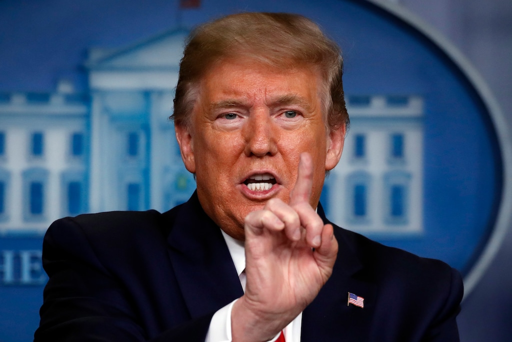 (Alex Brandon | AP) President Donald Trump speaks about the coronavirus in the James Brady Press Briefing Room at the White House, Monday, April 13, 2020, in Washington.