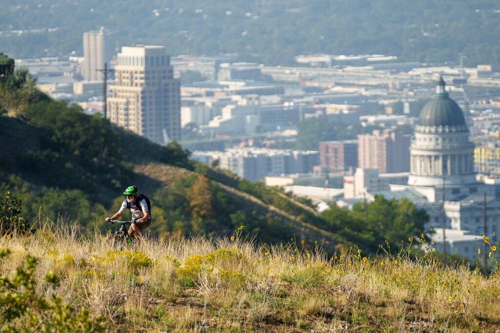 (Trent Nelson  |  The Salt Lake Tribune) A mountain biker rides the 19th Avenue Trail in the Salt Lake City foothills on Friday, Sept. 17, 2021.