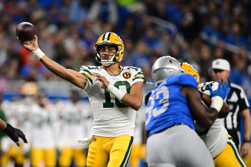 Green Bay Packers quarterback Jordan Love (10) throws during the first half of an NFL football game against the Detroit Lions, Thursday, Nov. 23, 2023, in Detroit. (AP Photo/David Dermer)