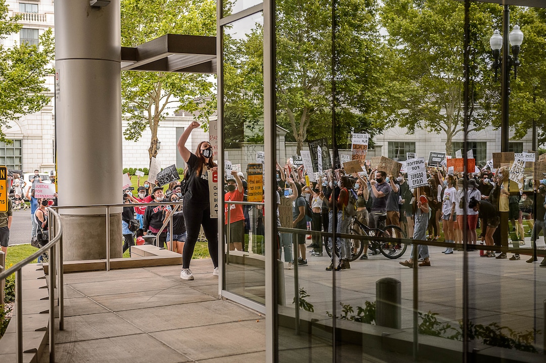 (Trent Nelson  |  The Salt Lake Tribune) People gather at the Salt Lake County District Attorney's office to protest against police brutality in Salt Lake City on Saturday, June 13, 2020.