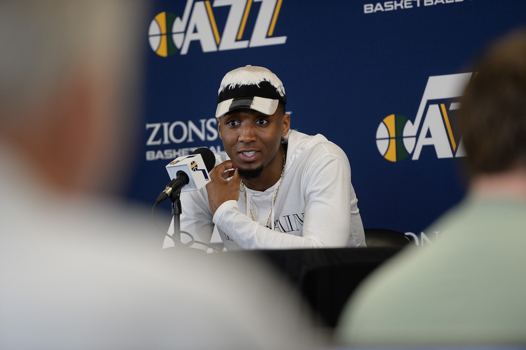 (Francisco Kjolseth  |  The Salt Lake Tribune)  Utah Jazz      guard Donovan Mitchell speaks with the media during exit interviews at their practice facility in Salt Lake City Wed., May 8, 2018, after losing to the Houston Rockets in game 5 of their Western Conference Semifinals during the 2018 NBA Playoffs.