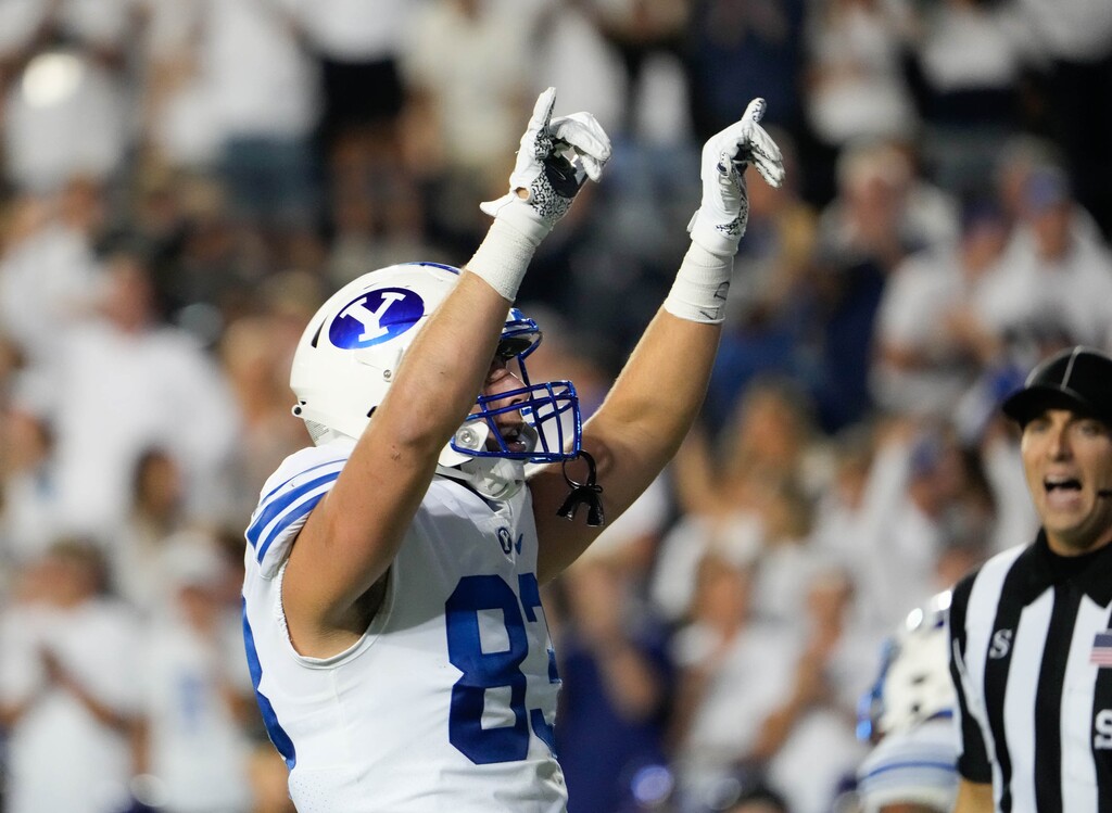 (Francisco Kjolseth | The Salt Lake Tribune) Brigham Young Cougars tight end Isaac Rex (83) celebrates his touchdown over the Arizona State Sun Devils in the final minutes of the game at LaVell Edwards Stadium in Provo, on Saturday, Sept. 18, 2021.