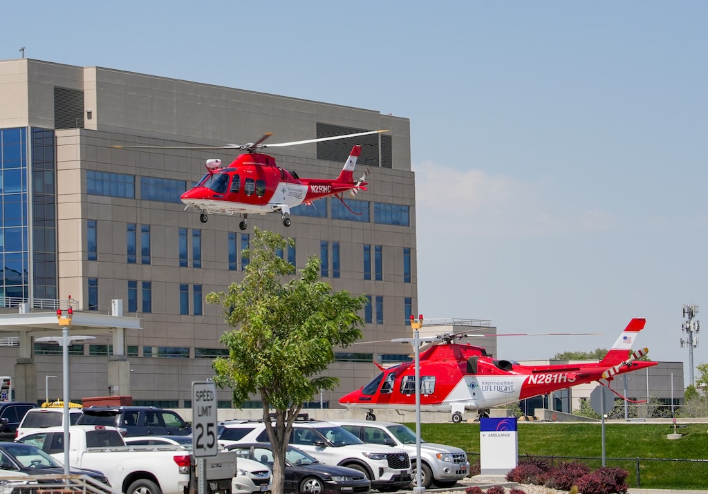 (Chris Samuels | The Salt Lake Tribune) An Intermountain Health LifeFlight helicopter departs Intermountain Medical Center in Murray on Thursday, Aug. 14, 2025.