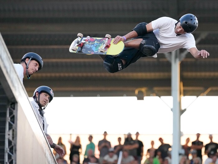 (Francisco Kjolseth | The Salt Lake Tribune) Professional skater Lincoln Ueda joins the “Legends Demo” alongside Tony Hawk and Christian Hosoi, at left at the Tony Hawk Vert Alert big-air skateboarding competition at the Utah Sate Fairpark on Friday, Aug. 26, 2022. 