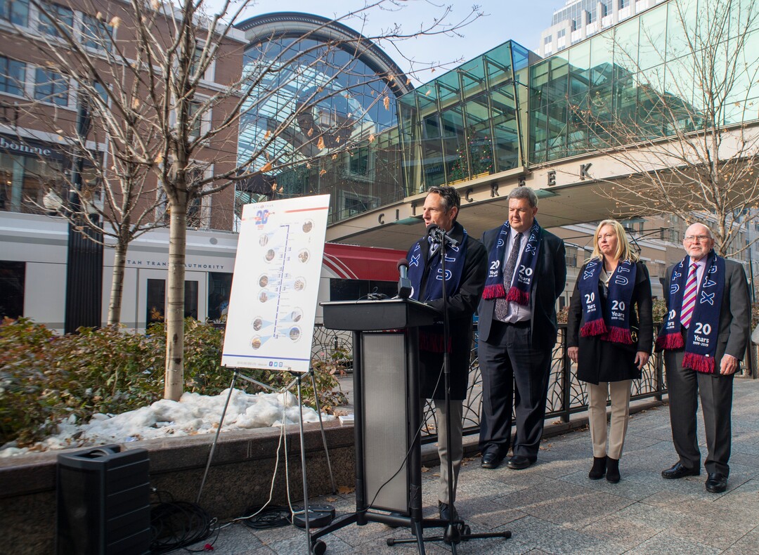 (Rick Egan  |  The Salt Lake Tribune)       Derek Miller, president and CEO of the Salt Lake Chamber and Downtown Alliance, speaks as officials celebrate the 20th anniversary of TRAX trains during a news conference at the City Creek Trax stop on Main Street in Salt Lake City, Wednesday, Dec. 4, 2019.