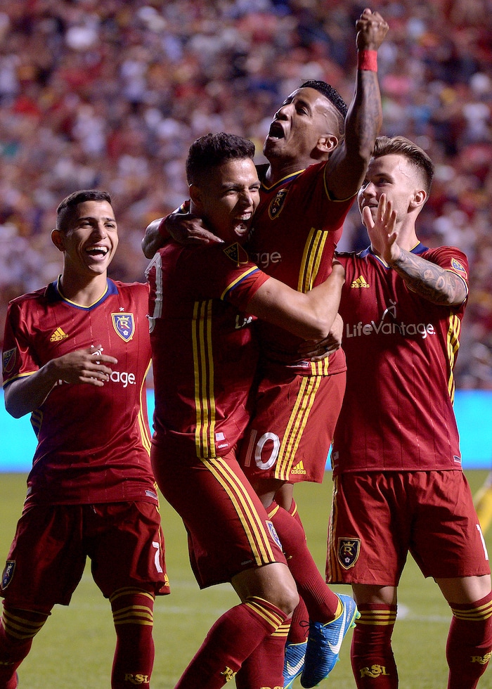 (Leah Hogsten  |  The Salt Lake Tribune) Real Salt Lake midfielder Luis Silva (20) celebrates his penalty kick goal with Real Salt Lake forward Jefferson Savarino (7), Real Salt Lake forward Joao Plata (10) and Real Salt Lake midfielder Albert Rusnak (11).    Real Salt Lake defeated the Colorado Rapids 4-1 for the Rocky Mountain Cup at Rio Tinto Stadium, Saturday, August 26, 2017. 