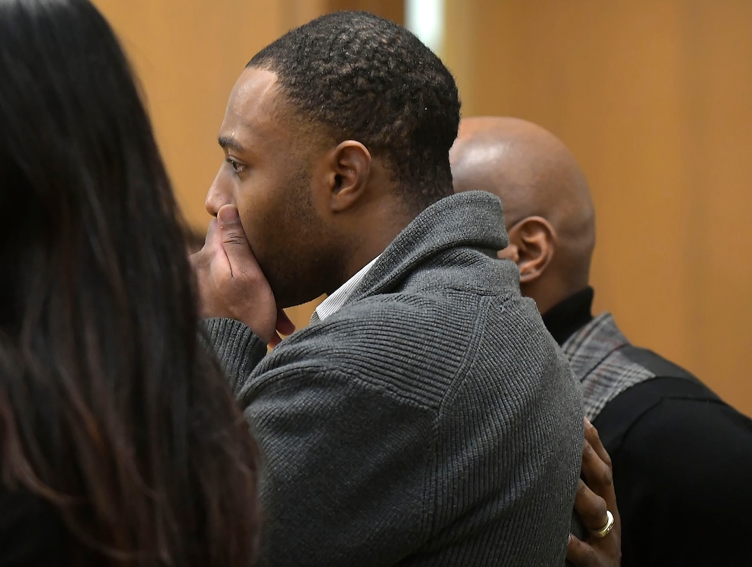 Torrey Green reacts as a jury finds him guilty of eight charges including five counts of rape and a charge sexual battery in connection to reports from six women accusing him of sexual assault while he was a football player at Utah State University, Friday, Jan.18, 2019 in Brigham City, Utah. (Eli Lucero/Herald Journal via AP)
