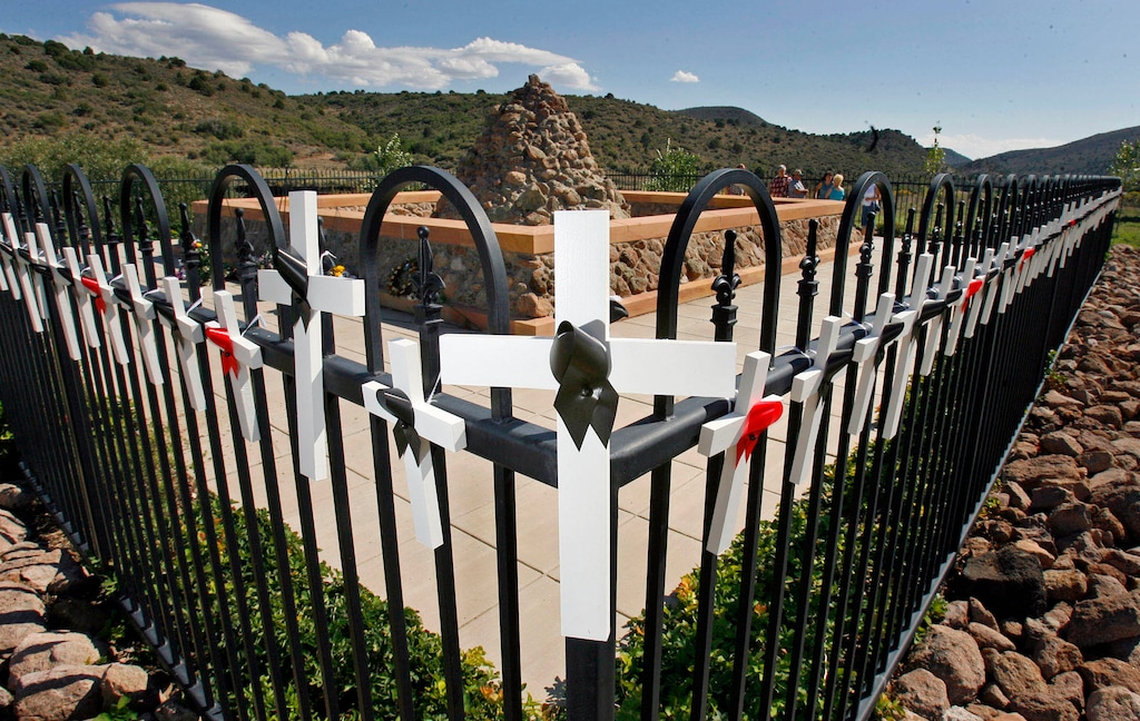 (The Salt Lake Tribune) Wooden crosses in 2007 adorn the Mountain Meadows Massacre memorial site in southern Utah. Sept. 11 marks the 164th anniversary of the massacre.