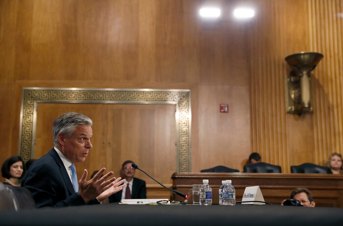 (AP Photo/Alex Brandon) Former Utah Gov. Jon Huntsman testifies during a hearing of the Senate Foreign Relations Committee on his nomination to become the U.S. ambassador to Russia, on Capitol Hill, Tuesday, Sept. 19, 2017 in Washington.