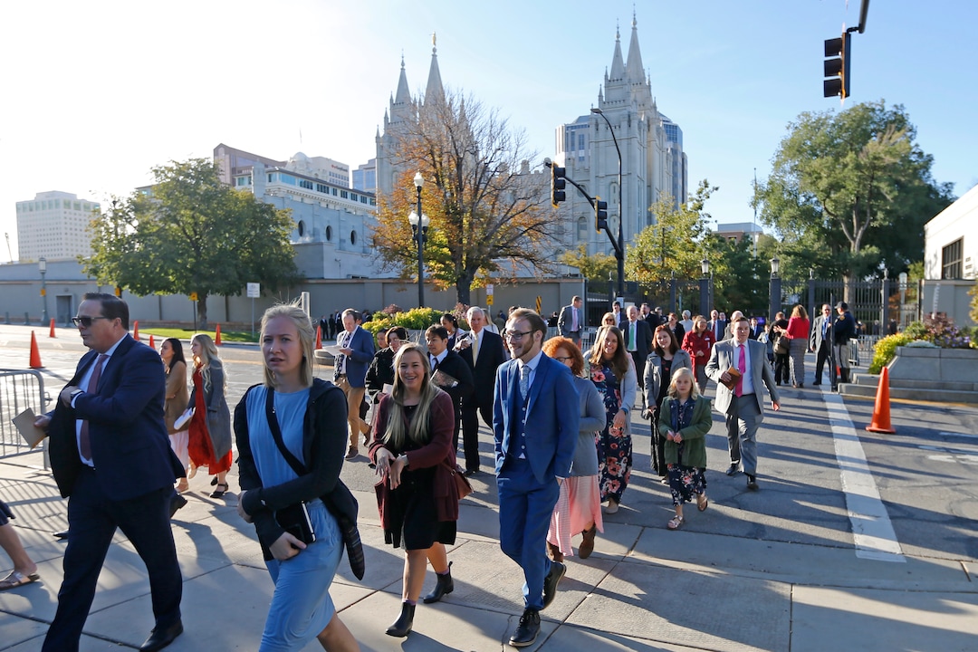 (Rick Bowmer | AP) People arrive for The Church of Jesus Christ of Latter-day Saints' twice-annual church conference Saturday, Oct. 5, 2019, in Salt Lake City. Nelson has rolled out a dizzying number of policy changes during his first two years at the helm of the faith, leading to heightened anticipation for what he may announce at this weekend's conference in Salt Lake City.