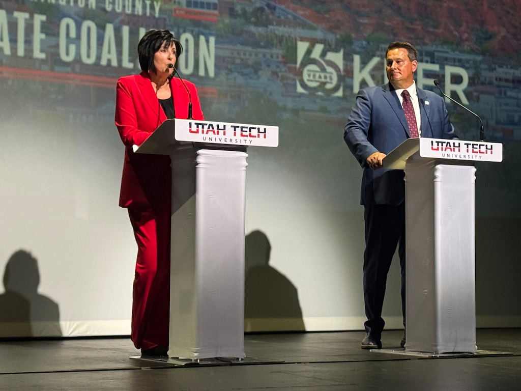 (Mark Eddington | The Salt Lake Tribune) St. George Mayor Michele Randall and City Council member Jimmie Hughes speak during a mayoral debate at Utah Tech University on Oct. 13, 2025.