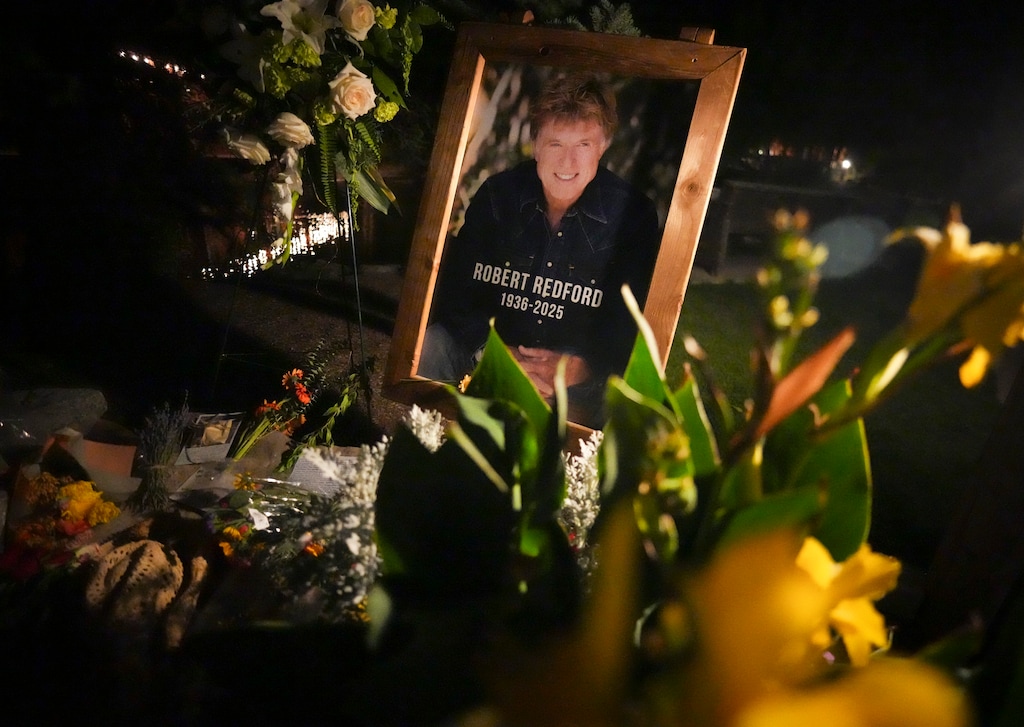(Bethany Baker  |  The Salt Lake Tribune) Flowers adorn a memorial for Robert Redford at Sundance Mountain Resort on Thursday, Sept. 18, 2025. A longtime Utahn and founder of the Sundance Institute, Redford died Sept. 16, 2025, at age 89.