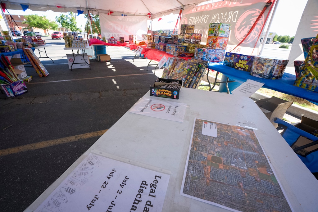 (Bethany Baker  |  The Salt Lake Tribune) A map of the designated areas for fireworks within Clinton city limits is taped to the check out table at Dragon Dynamite Fireworks in Clinton on Monday, June  29, 2026.